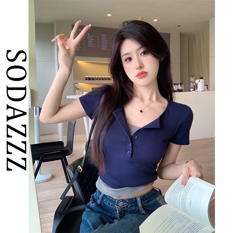 Áo Thun Ngắn Tay Giả Hai Lớp Phong Cách Retro Nữ Tính