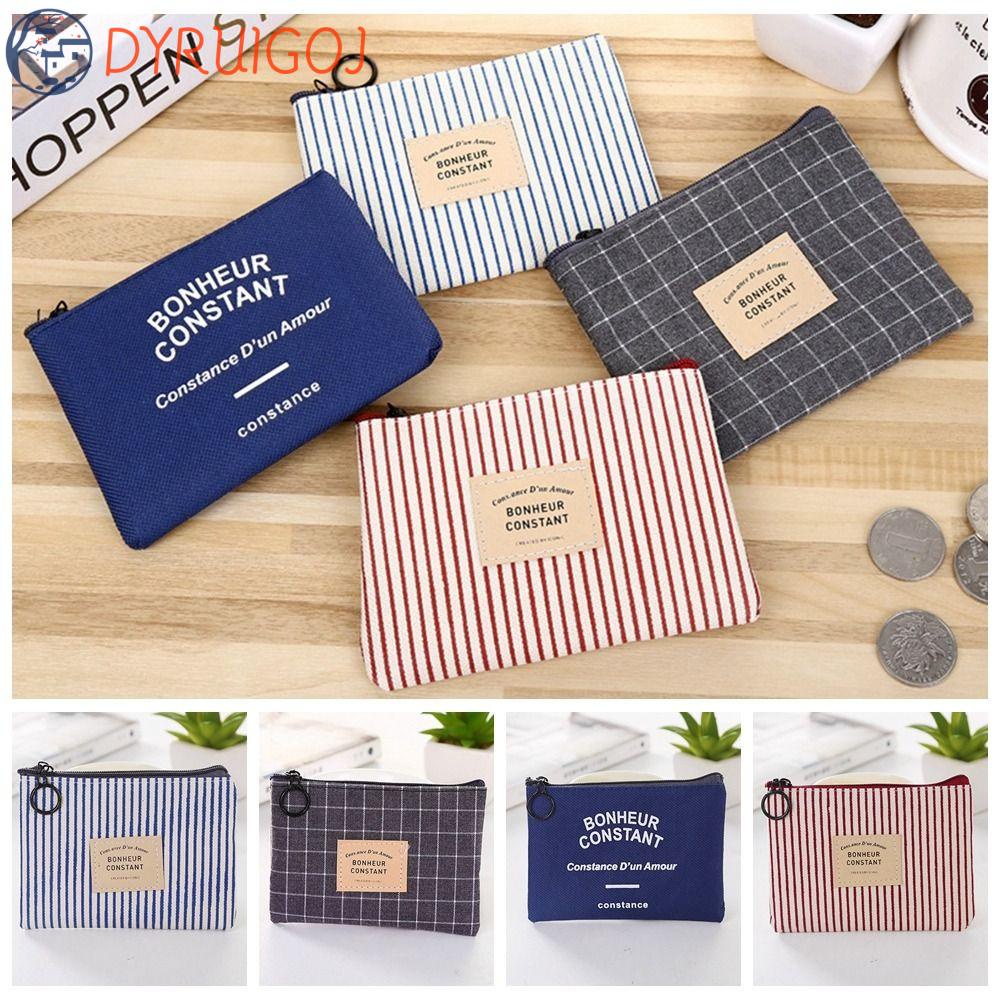 DYRUIDOJ Ví Đựng Tiền Xu / Son Môi / Thẻ Mini Bằng Vải Bạt Kẻ Sọc In Chữ Hình Vuông Có Móc Khóa Cho Bé