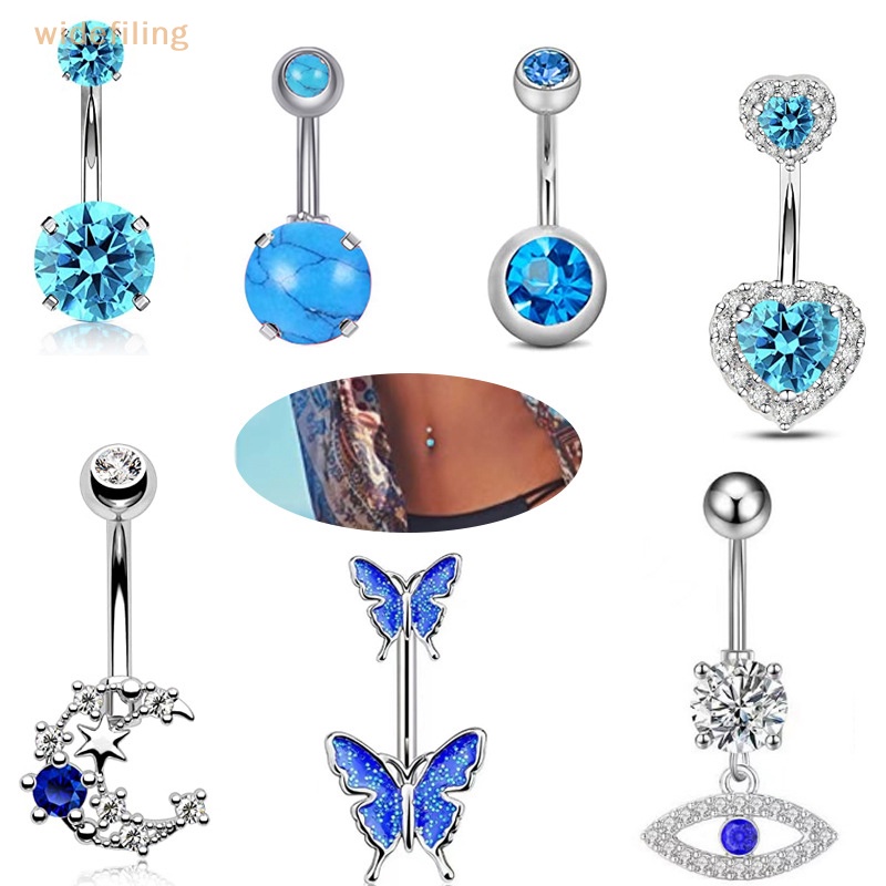 Bộ 7 Khuyên Rốn Bằng Thép Không Gỉ Hình Trái Tim / Bướm Đính Đá Pha Lê Xanh Dương Quyến Rũ Cho Nữ