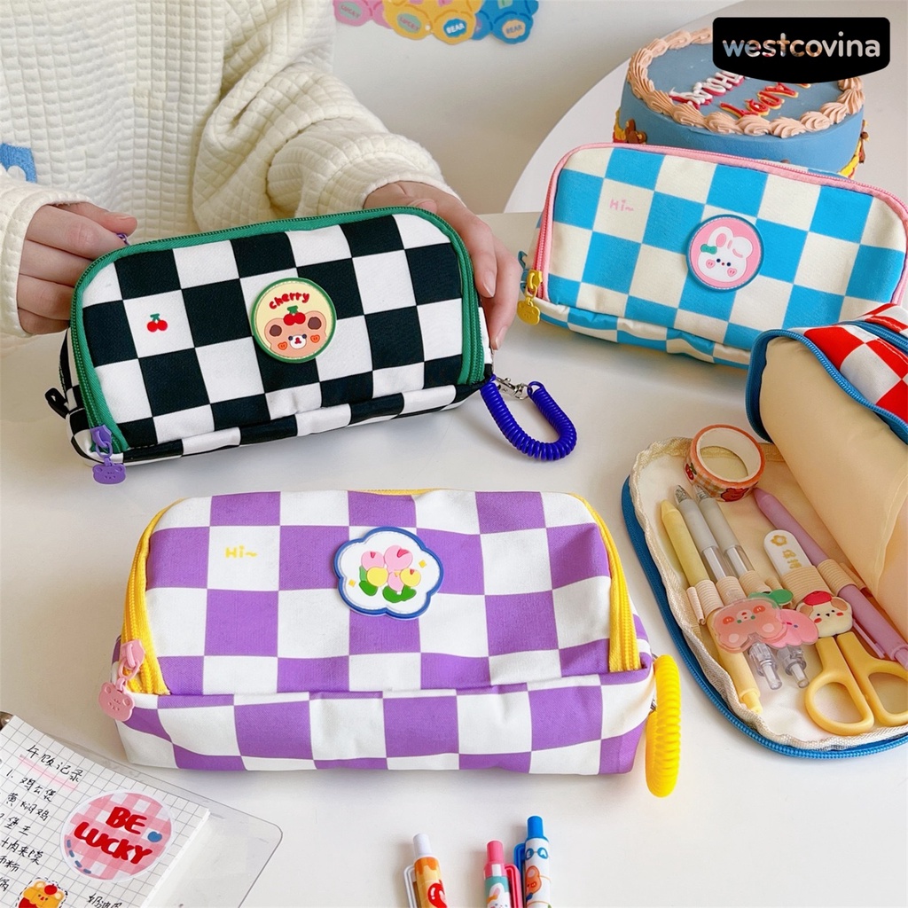 [WSTN]✎Hộp Đựng Bút Họa Tiết Kẻ Ô Dày Dặn Chống Bụi Bẩn Tiện Dụng Cho Trường Học