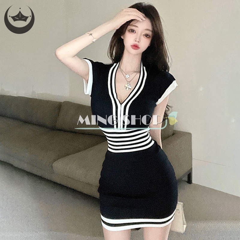 Đầm Dệt Kim Mini Cổ Chữ V Dáng Ôm Họa Tiết Kẻ Sọc Thời Trang Mùa Hè Cho Nữ