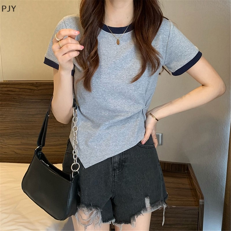 Áo Thun Ngắn Tay Cổ Tròn Màu Sắc Tương Phản Thời Trang Mùa Hè Cho Nữ PJ
