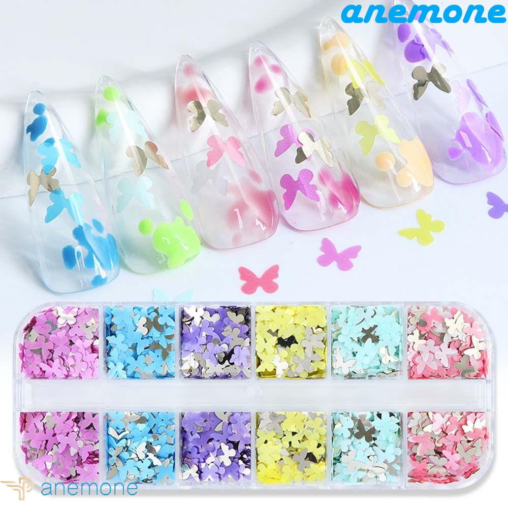 ANEMONE Hộp 12 Hộp Kim Tuyến Hình Bướm 3D Nhiều Màu Sắc Trang Trí Móng Tay Nghệ Thuật