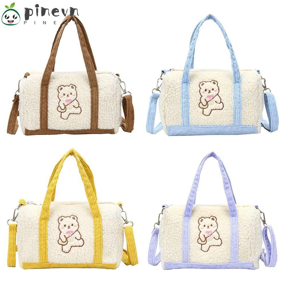 PINEVN Túi Xách Đeo Vai Vải Len Thêu Hình Gấu Thời Trang Cao Cấp