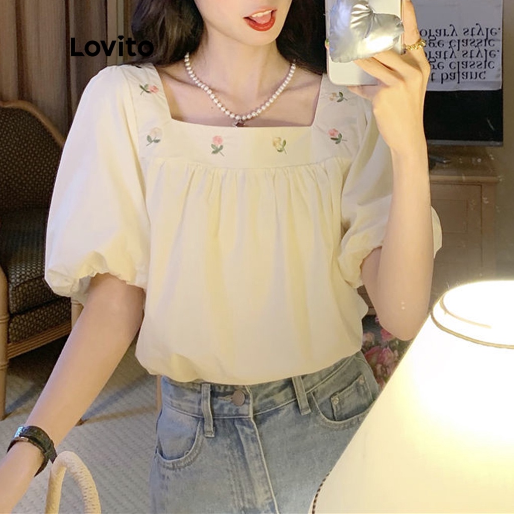 Áo LOVITO tay ngắn thêu họa tiết hoa phong cách thường ngày cho nữ LNE05098