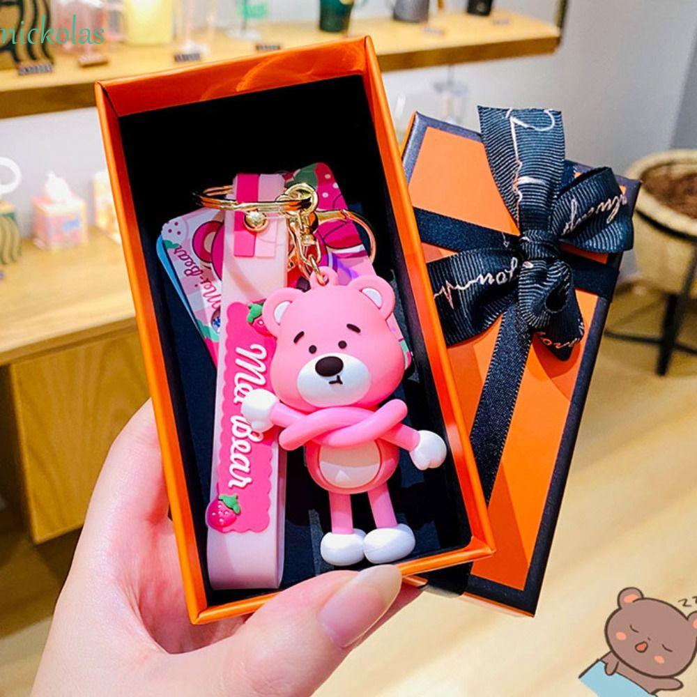 NICKOLAS Móc Khóa Hình Gấu Dâu Tây Hoạt Hình Dễ Thương