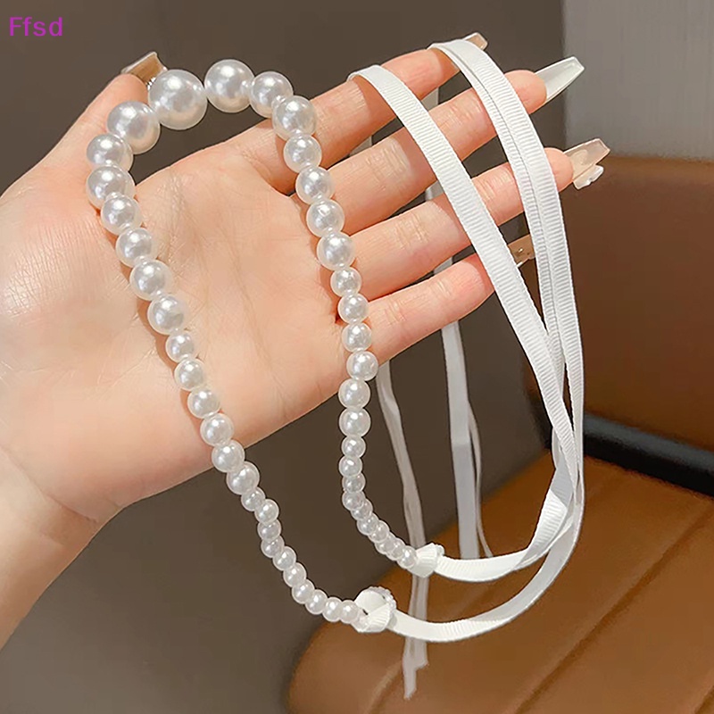 {Ffsd} Vòng Cổ Choker Dây Ruy Băng Dài Đính Hạt Ngọc Trai Pha Lê Ngọt Ngào Lãng Mạn Hàng Bán Chạy *
