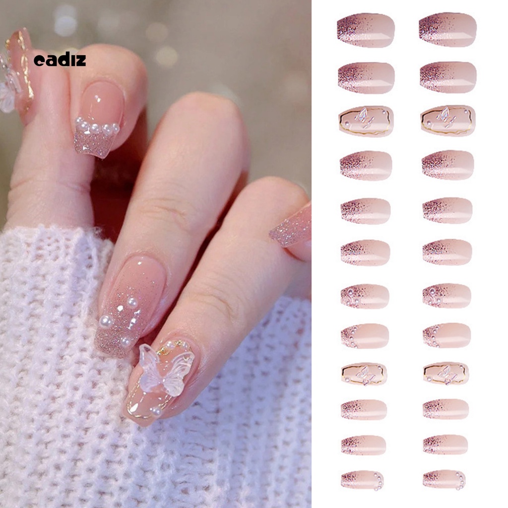 1 Bộ Móng Tay Giả Bằng Nhựa Siêu Mỏng Đính Ngọc Trai Hình Bướm 3D DIY