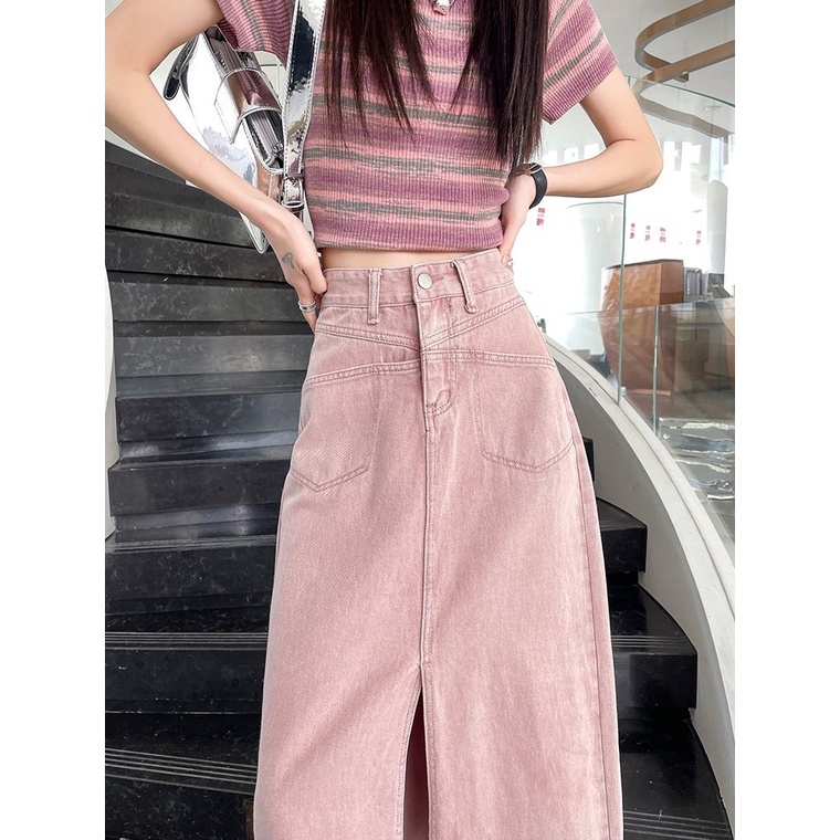 Chân Váy Jean Dài Xẻ Tà Lưng Cao Màu Hồng Phong Cách Mới Dành Cho Nữ