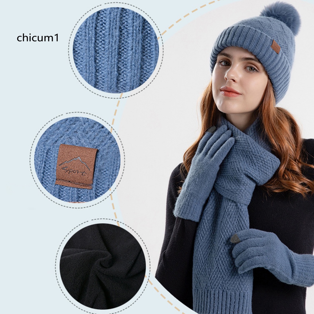 Cc 1 Set Mũ Khăn Quàng Cổ + Găng Tay + Găng Tay Lót Lông Giữ Ấm Mùa Đông Màu Trơn Thoải Mái Dành Cho Nữ