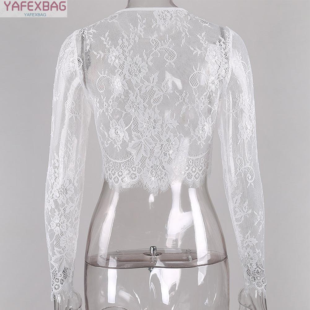 Alluring Lace Mesh See Through Crop Tops with Sheer Sleeves Short Blouse T shirt