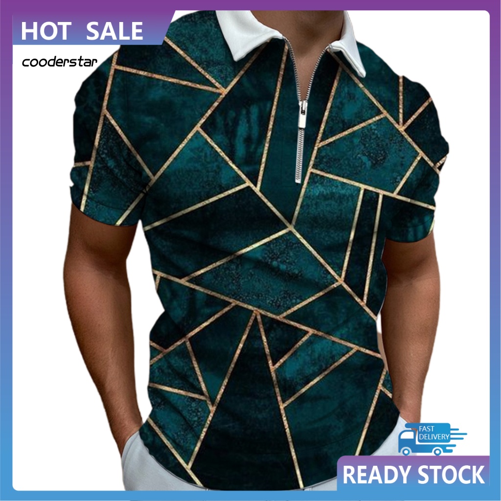 Áo Thun Tay Ngắn Cổ Bẻ Nhanh Khô Có Khóa Kéo In Họa Tiết Hình Học Thời Trang Cho Nam