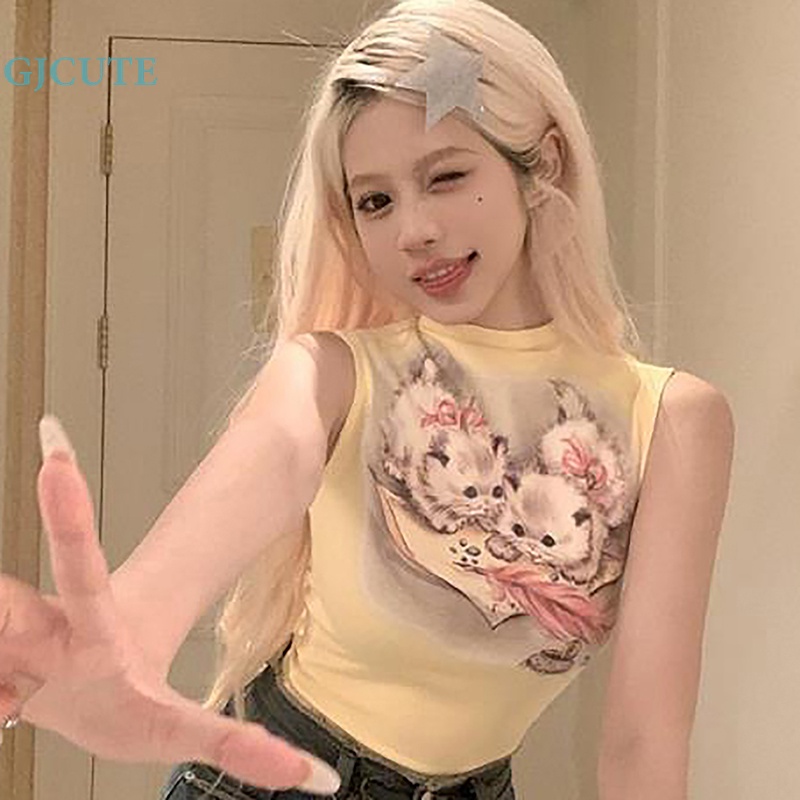 Áo Thun Không Tay Cổ Lọ In Hình Mèo Dễ Thương Dành Cho Nữ