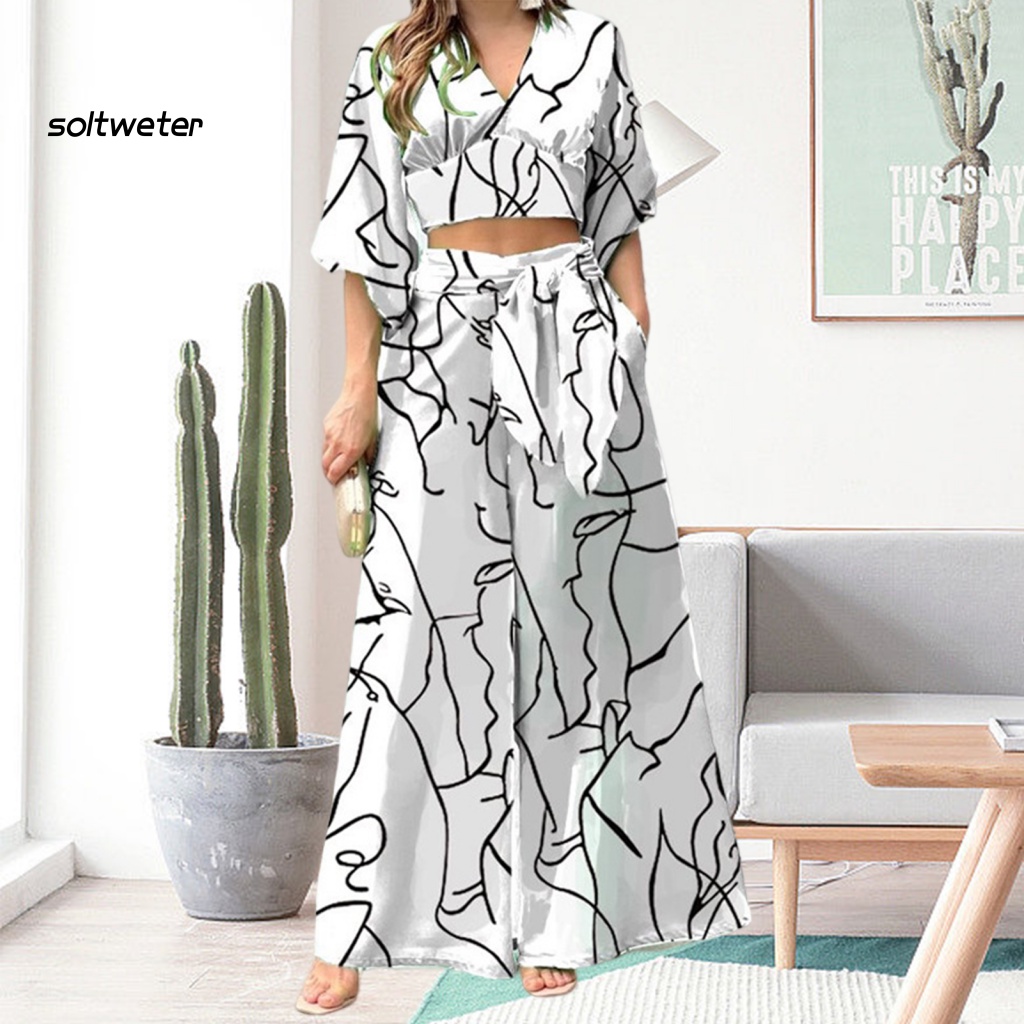 Bộ Trang Phục 2 Mảnh Gồm Áo Croptop Tay Lửng Cổ Chữ V Eo Cao Có Túi In Hoa Và Quần Dài Ống Rộng Thời Trang Công Sở