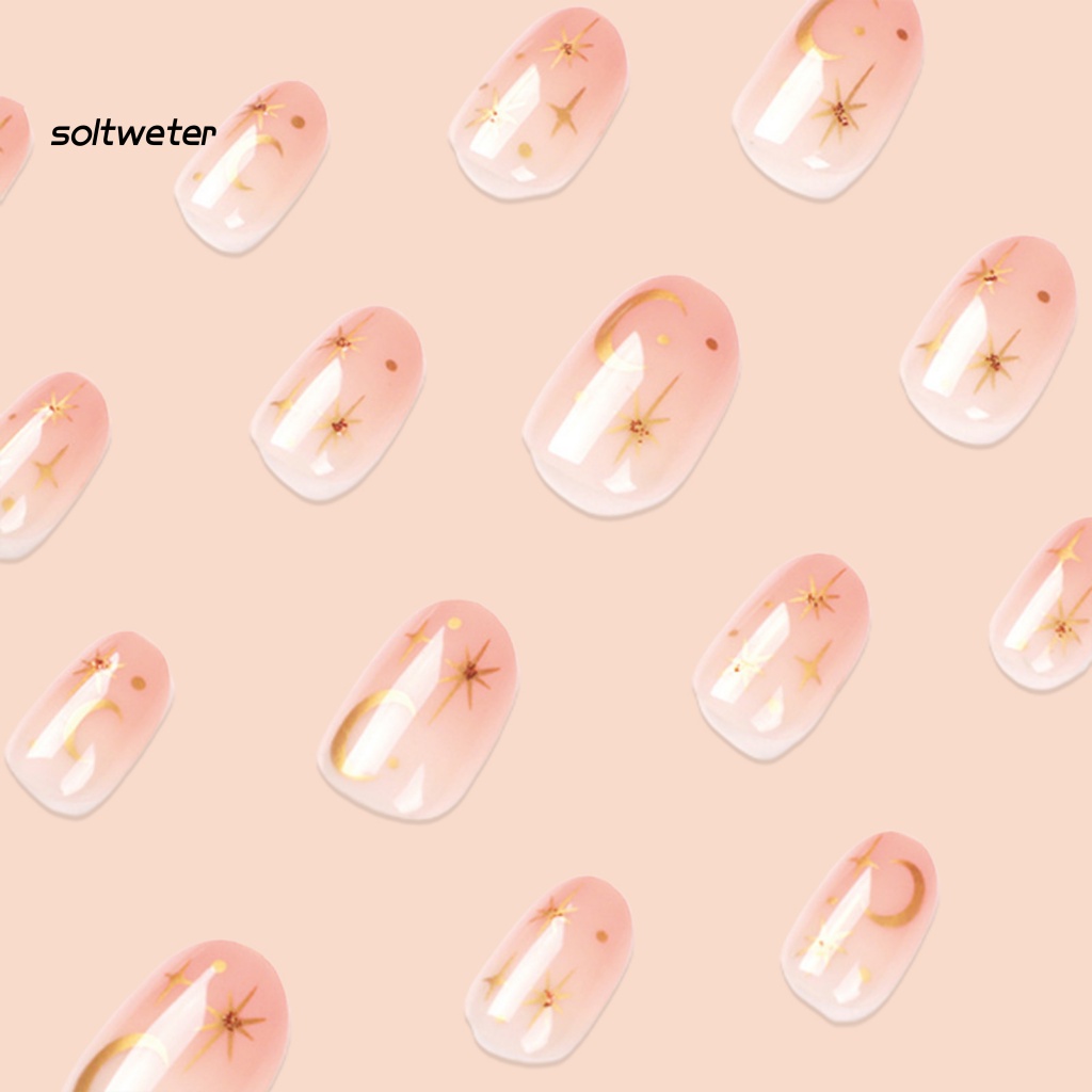 Bộ 24 Móng Tay Giả Ngắn Che Phủ Toàn Diện Dạng Nhấn Hình Ngôi Sao / Mặt Trăng Màu Vàng Bóng Bẩy Cho Nữ DIY