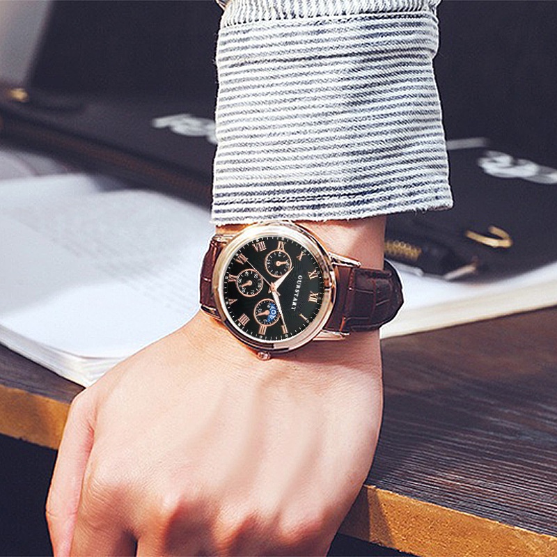 Đồng Hồ Nam Dây Giả Da Mặt Đen Chống Thấm Nước