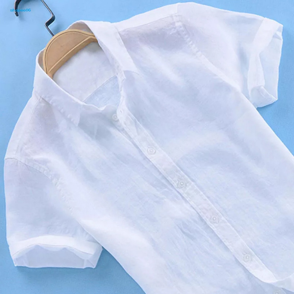 Áo Sơ Mi Tay Ngắn Cổ Bẻ Cài Nút Màu Sắc Trơn Thoáng Khí Thời Trang Đi Biển Cho Nam