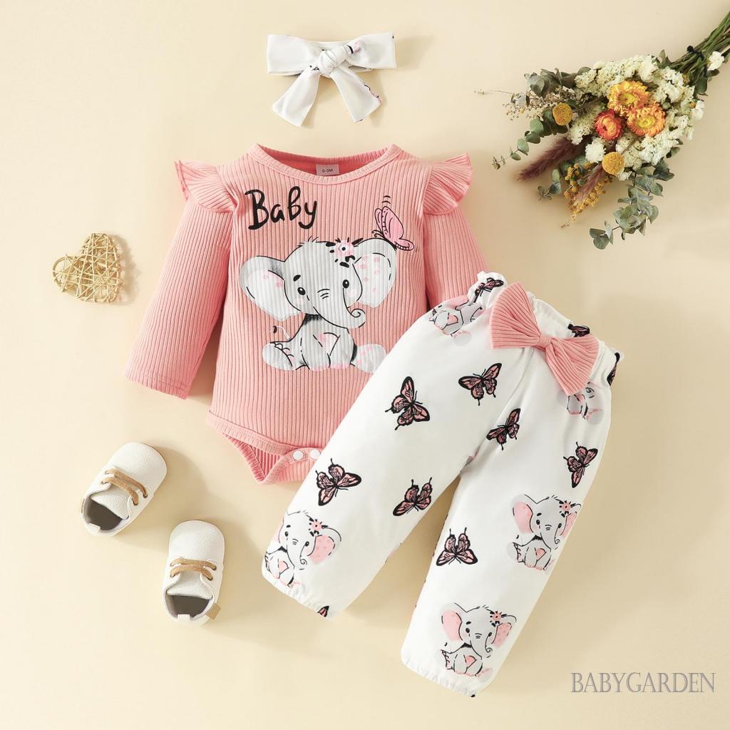 Set Đồ 3 Món Gồm Áo Liền Quần + Quần Dài In Họa Tiết Chú Voi + Băng Cài Đầu Cho Bé Gái 0-18 Tháng Tuổi