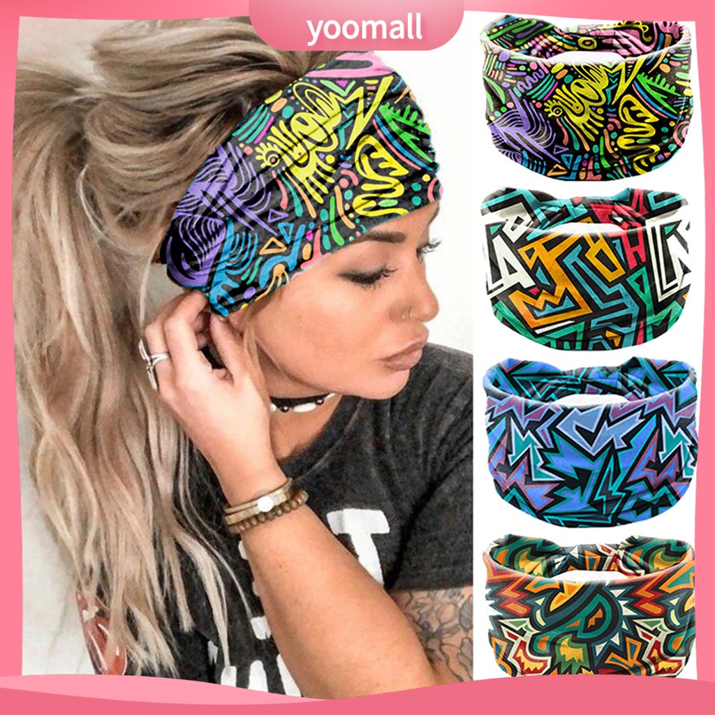 Băng Đô Thể Thao Bản Rộng Thấm Hút Mồ Hôi Nhanh Khô Co Giãn In Họa Tiết Caro Phong Cách Bohemia Cho Nữ