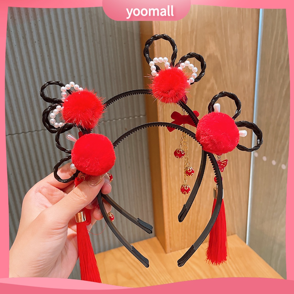 Băng Đô Nơ Đính Ngọc Trai Co Giãn Phối Bóng Lông Tua Rua Phong Cách Trung Hoa Mừng Năm Mới Cho Bé Gái