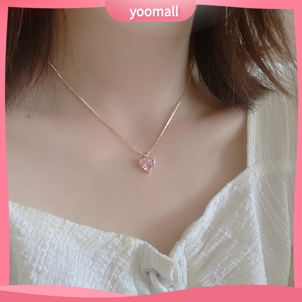 [YM] Vòng cổ Mặt Hình Học Đính Đá Zircon Màu Hồng Lấp Lánh Chống Mài Mòn Không Gây Dị Ứng Dành Cho Nữ