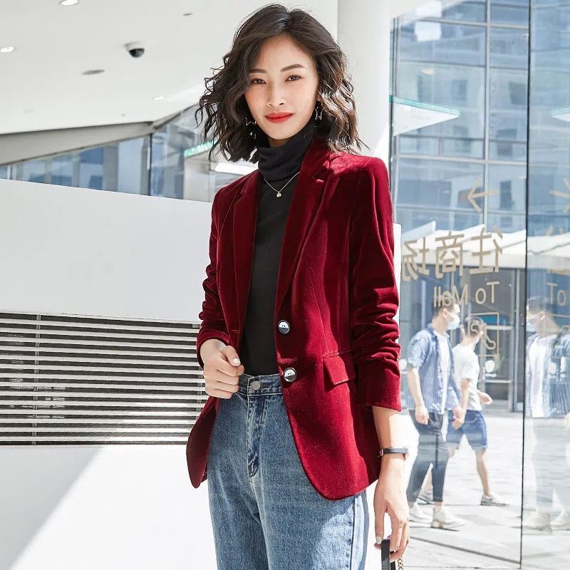 Áo Khoác Blazer Nhung Tay Dài Dáng Ôm Thời Trang Xuân Thu Dành Cho Nữ