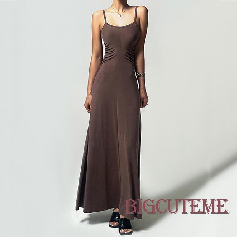 [] - Đầm Dài Hai Dây Dáng Chữ A Hở Lưng Màu Trơn Mềm Mại Mùa Hè Dành Cho Nữ Đi Tiệc Hàng Ngày / Nâu / Đen