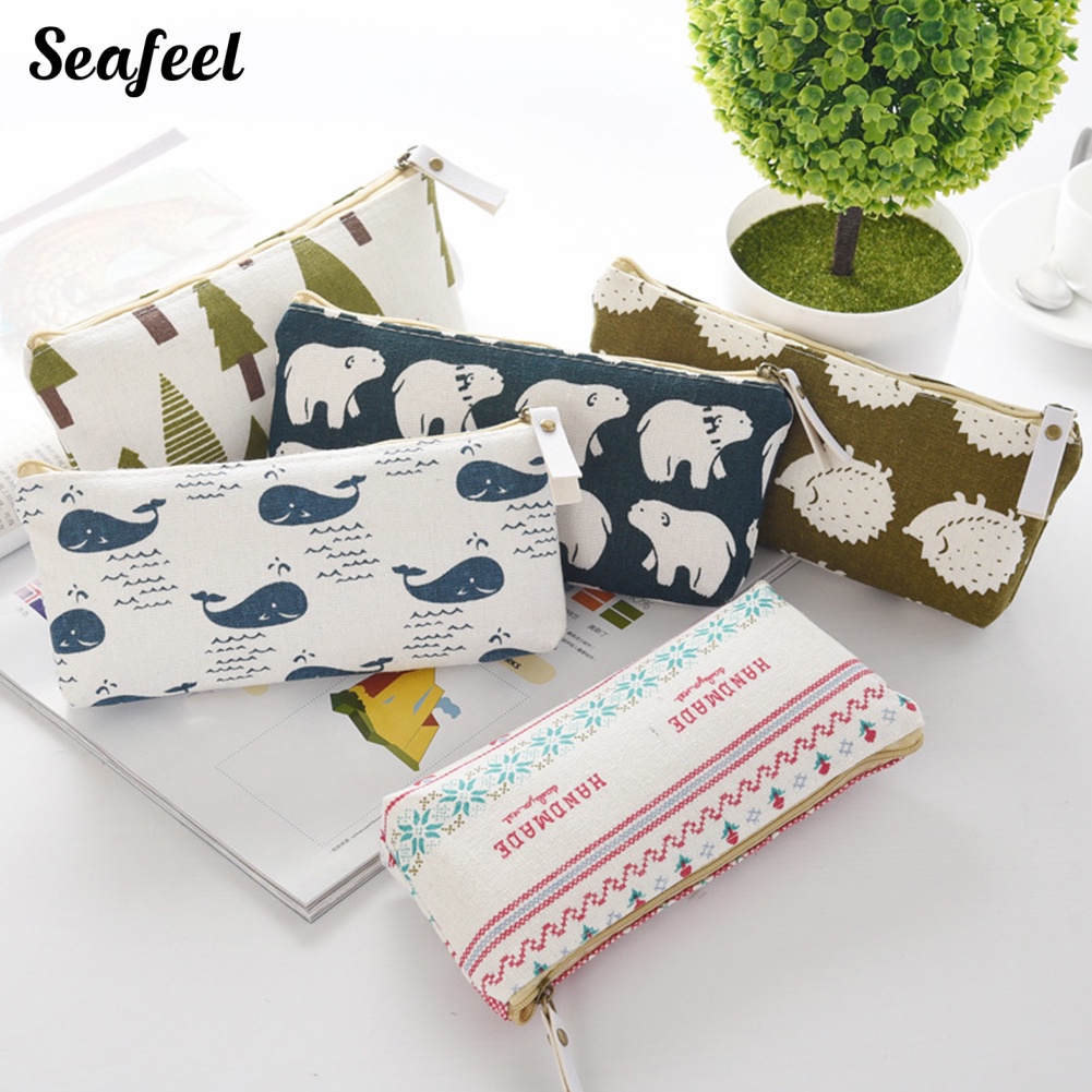 Túi Đựng Bút Bằng Vải Lanh Cotton Họa Tiết Cá Voi Gấu Hoạt Hình Dễ Thương