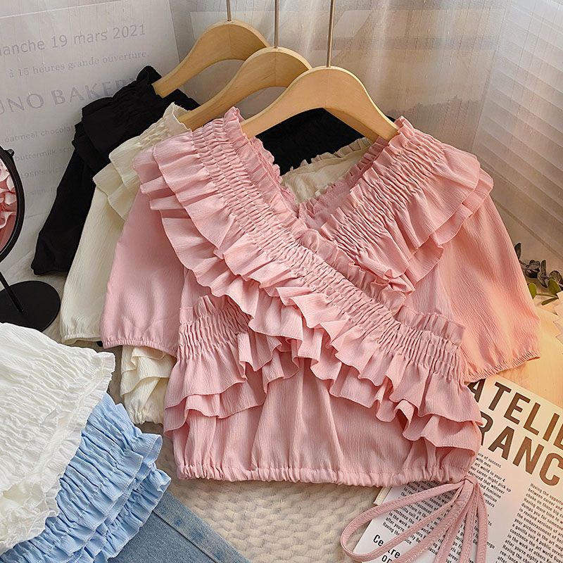 Áo Sơ Mi Ngắn Tay Cổ Chữ V Phối Bèo Thiết Kế Mới Thời Trang Mùa Hè Theo Phong Cách Hàn Quốc Cho Nữ