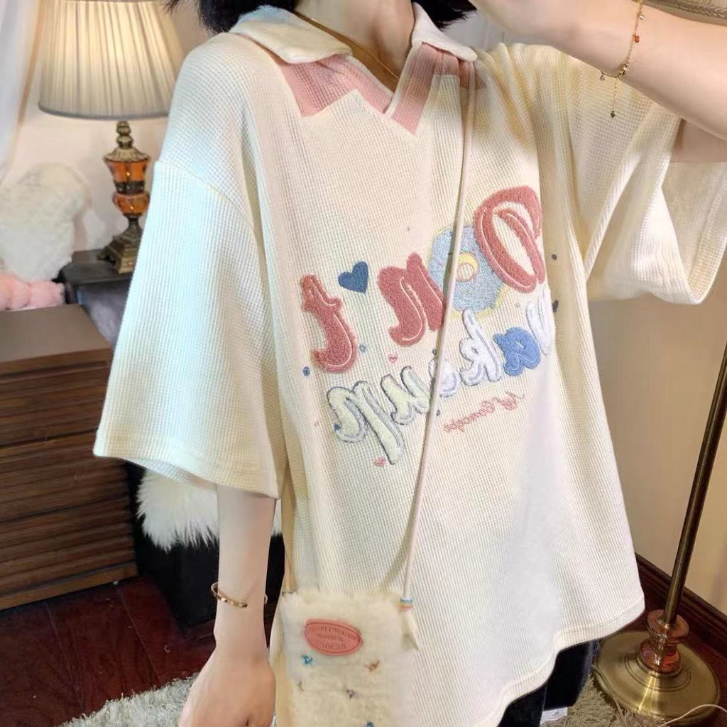 Áo polo Ngắn Tay Dáng Rộng Thêu Họa Tiết Thời Trang Mùa Hè Cho Nữ