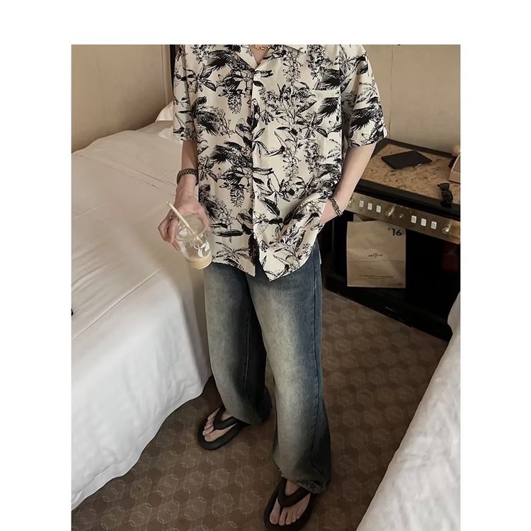 Áo Sơ Mi Tay Ngắn In Họa Tiết Hoa Phong Cách Hong Kong Thời Trang Đi Biển Cho Nam