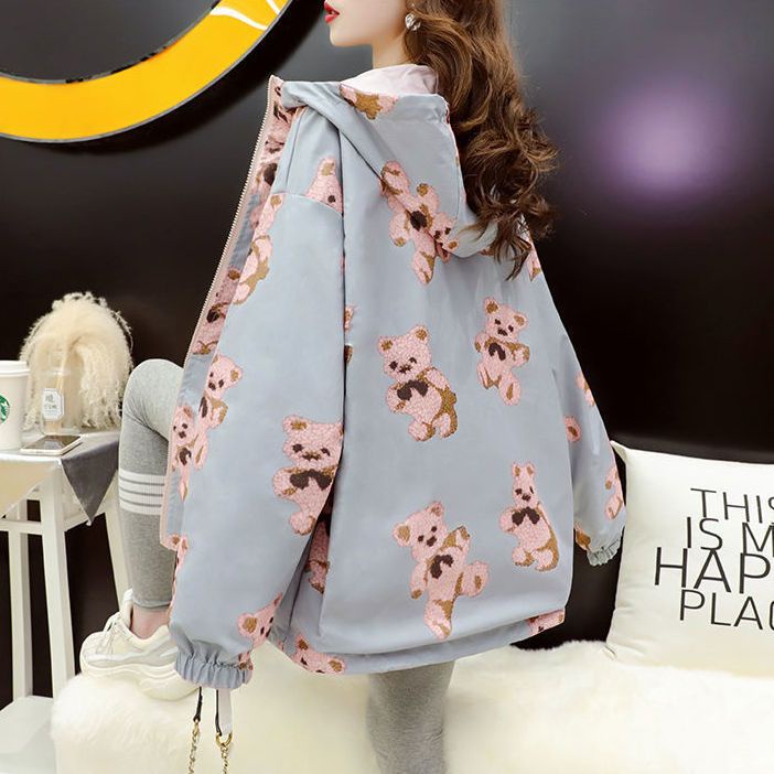 Áo Khoác Hai Mặt In Hình Gấu Phong Cách Hàn Quốc Thời Trang Xuân Thu Cho Nữ