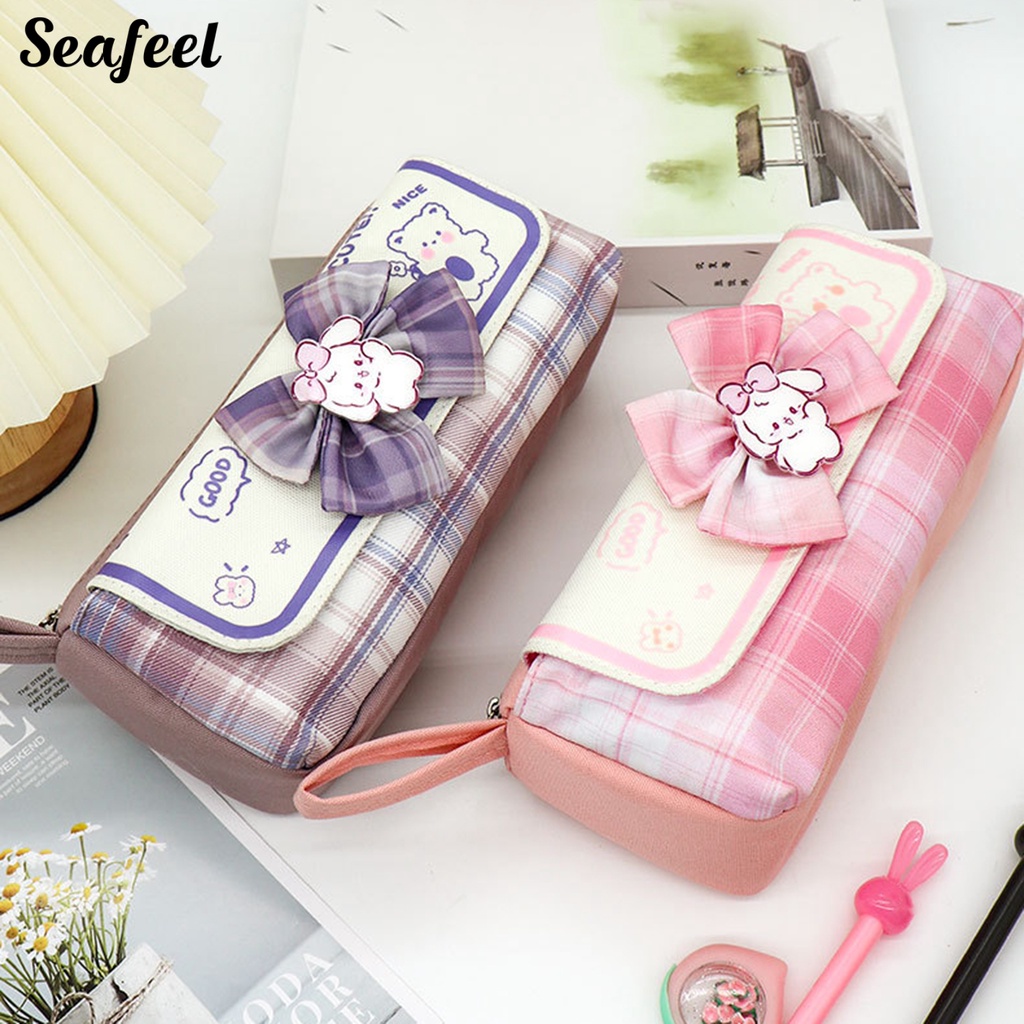 Túi Đựng Bút Hai Ngăn Đính Nơ Sức Chứa Lớn Phong Cách Đại Học