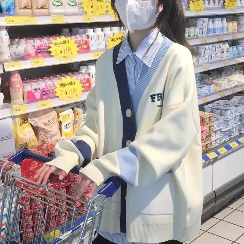 Áo Khoác Cardigan Dệt Kim Thêu Chữ Phối Màu Phong Cách Hàn Quốc Thời Trang Cho Nữ