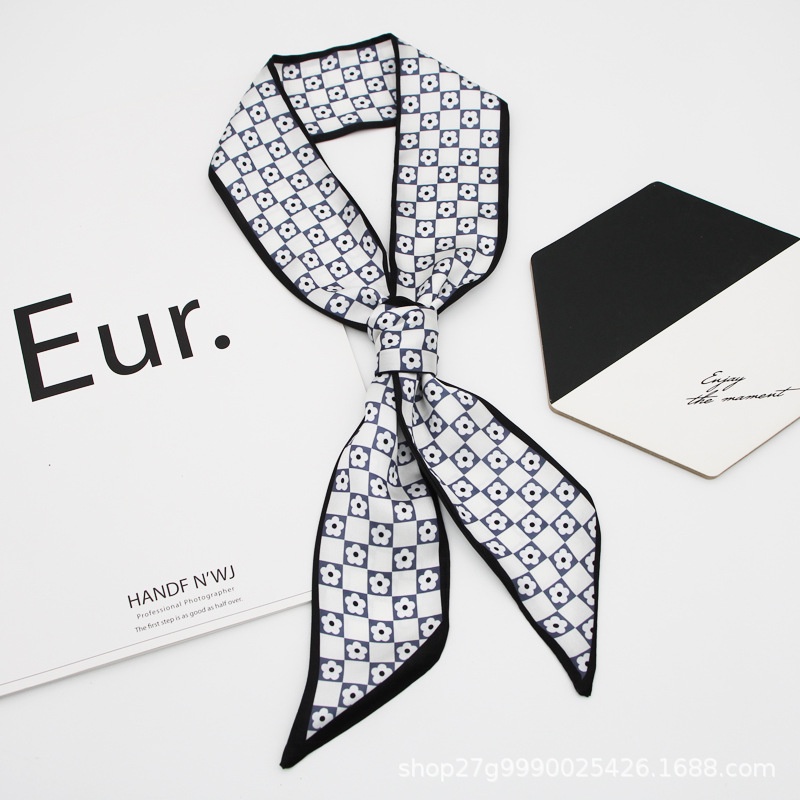 Khăn Quàng Cổ Dài Thắt Nơ Ruy Băng Đen Trắng Bằng Lụa