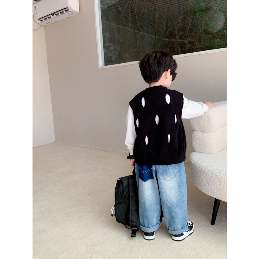 Áo Cardigan Dệt Kim Cổ Tròn Không Tay 90-150cm Phong Cách Nhật Bản Cho Bé Trai