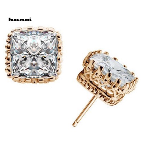 Khuyên Tai Hình Vương Miện Vuông Rỗng Đính Đá Zircon Cho Nữ