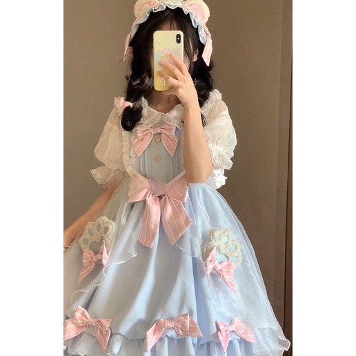 Đầm Hai Dây Dáng Rộng Họa Tiết Bông Hoa Phong Cách Lolita Ngọt Ngào