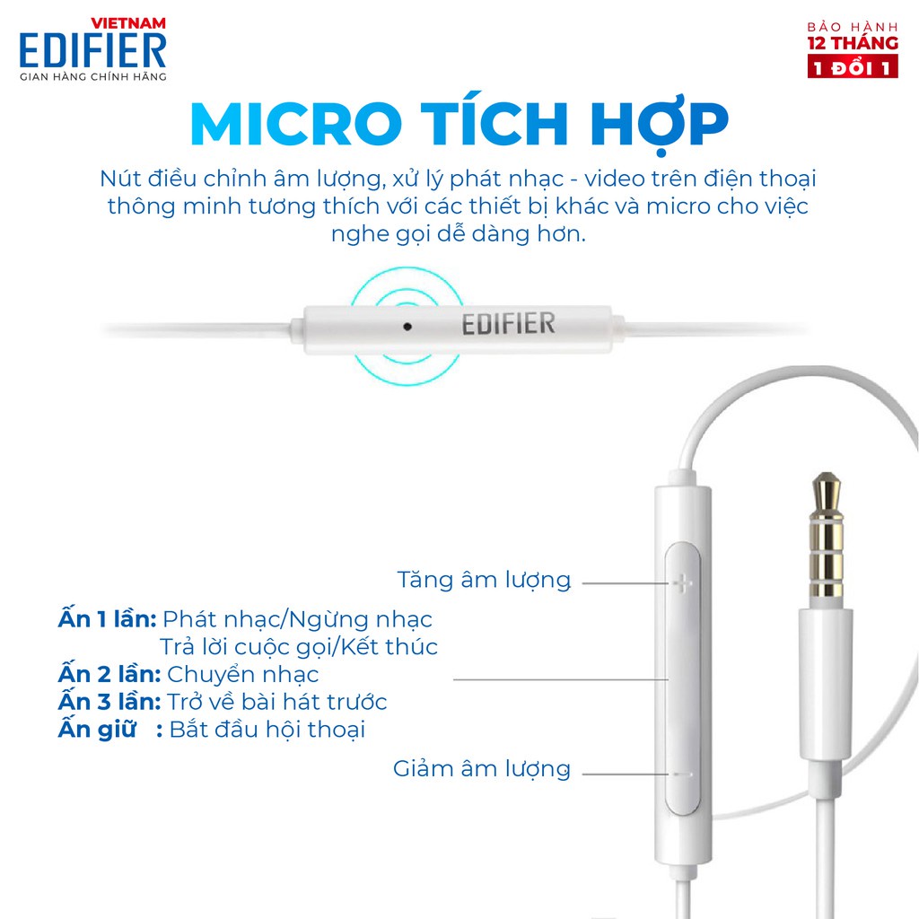 Tai nghe nhét tai có dây EDIFIER P180 PLUS | Chân cắm 3.5mm/ Chân TypeC | Chất liệu TPE | Dài 1.3m |  Bảo hành 12 tháng