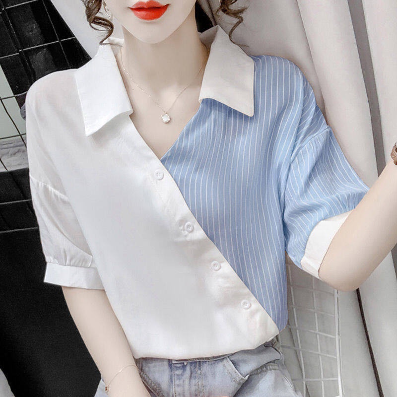 Áo Sơ Mi Tay Ngắn Kẻ Sọc Thời Trang Hàn Quốc Cho Nữ