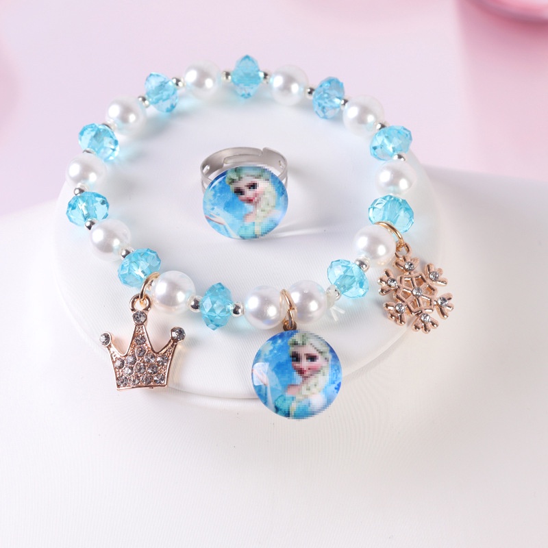 Bộ Vòng Cổ + Vòng Tay + Dây Chuyền Bằng Hợp Kim Dầu In Hình Công Chúa Elsa Phong Cách Mới Cho Bé #