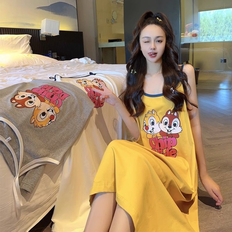 Đầm ngủ FDS dáng dài rộng rãi thoải mái không tay hoạt hình dễ thương mùa hè cho nữ mặc nhà