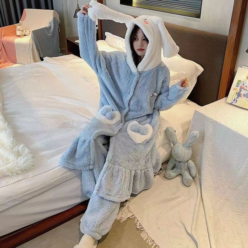 Áo Choàng Ngủ Bằng Lông Cừu San Hô Dày Dáng Dài Họa Tiết Hoạt Hình Thời Trang Xuân Thu Dễ Thương Cho Cặp Đôi