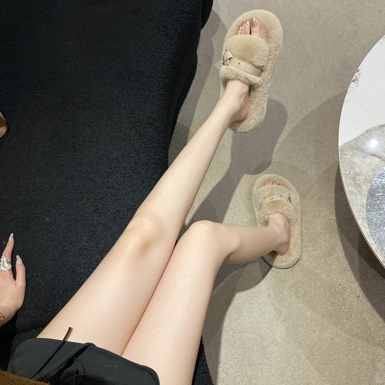 Dép Quai Ngang Phối Lông Xù Phong Cách Hàn Quốc Dành Cho Nữ