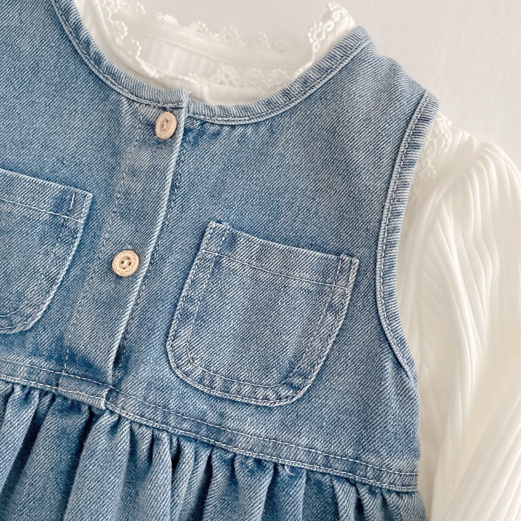 Đầm denim Tay Dài Mềm Mại Phong Cách Hàn Quốc Cho Bé Gái 0-6 Tuổi