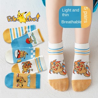 Set 5 Đôi Vớ Cotton Mỏng Phối Lưới In Hoạt Hình Pikachu Thời Trang Xuân Hè Cho Bé Trai