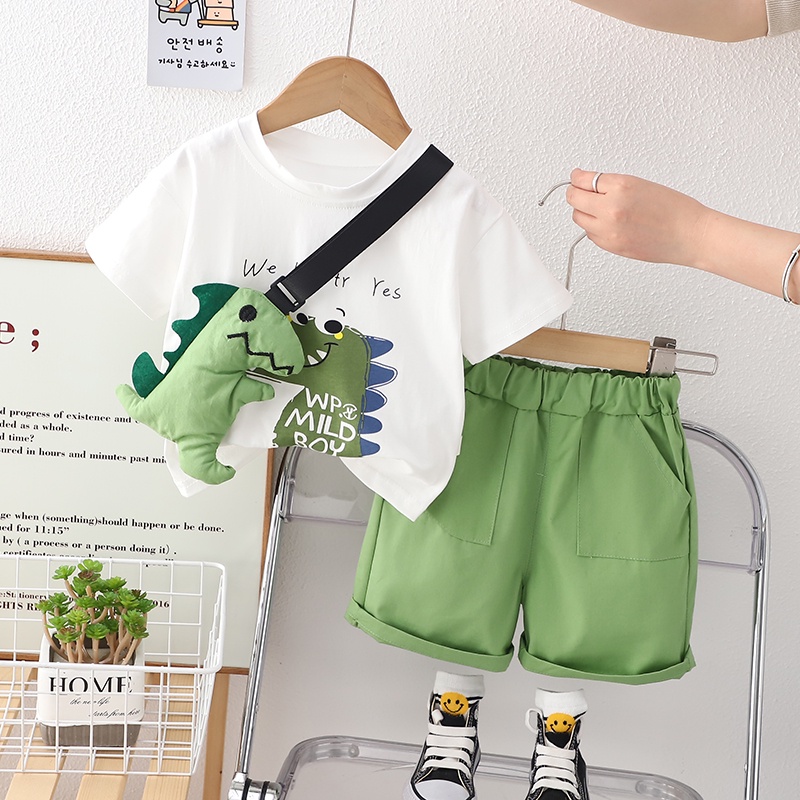 Set Đồ Mùa Hè 2 Món Gồm Áo Thun In Hình Khủng Long Hoạt Hình + Quần Ngắn Thời Trang Cho Bé