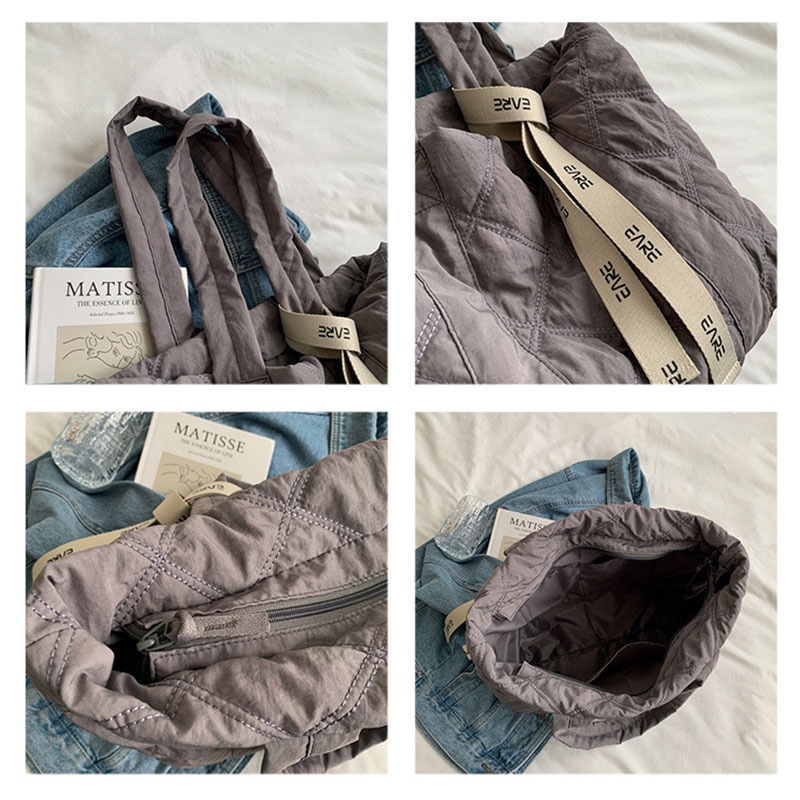 HT XIANSHENG Túi tote Đeo Vai cotton Sức Chứa Lớn Màu Trơn Họa Tiết Hình Thoi Đơn Giản Thời Trang Phong Cách Nhật Bản Cho Nữ