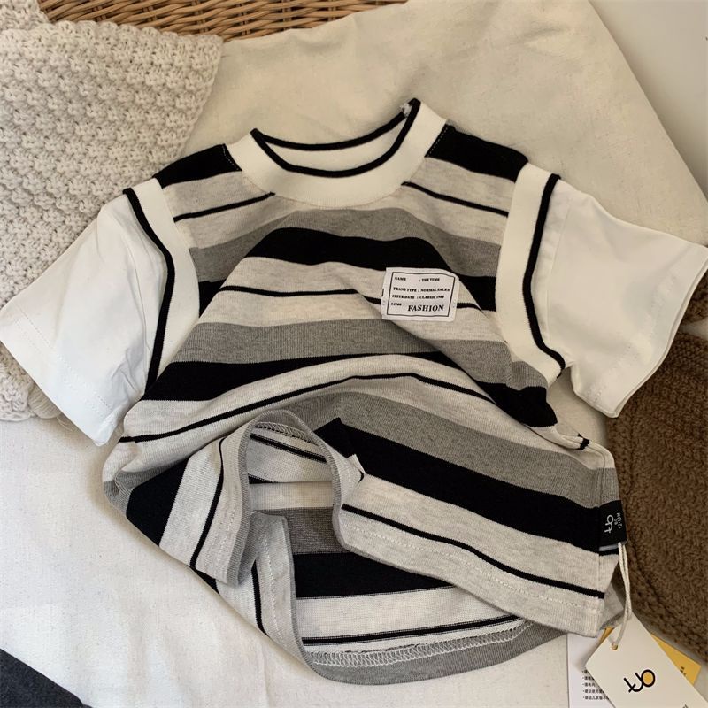 Áo Thun Giả Hai Lớp Tay Ngắn Kẻ Sọc In Hình Mickey Phong Cách Nhật Bản Thời Trang Mùa Hè Hàng Mới Dành Cho Bé Trai Bé Gái