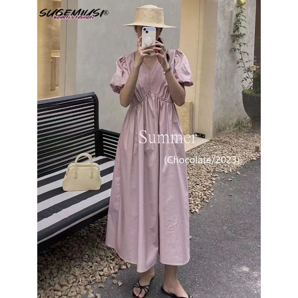 Sugemiusi Đầm Dài Tay Phồng Phong Cách Hàn Quốc Thanh Lịch Sang Trọng